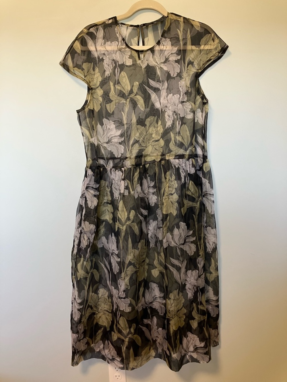 No. 6 store Mann Silk Sheer Iris Floral Overlay Midi Dress in Black and Olive